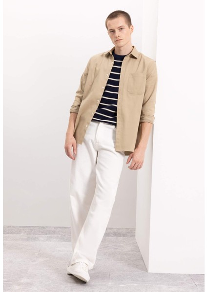 %100 Pamuk Regular Fit Düğmeli Basic Düz Gabardin Uzun Kollu Gömlek A5383AX24AU