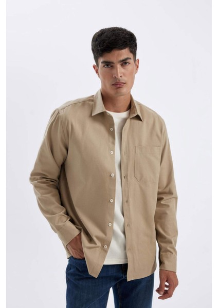 %100 Pamuk Regular Fit Düğmeli Basic Düz Gabardin Uzun Kollu Gömlek A5383AX24AU