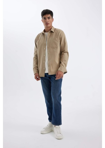 %100 Pamuk Regular Fit Düğmeli Basic Düz Gabardin Uzun Kollu Gömlek A5383AX24AU