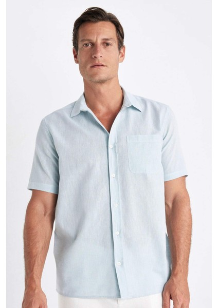 Regular Fit Yazlık Polo Yaka Keten Karışımlı Basic Düz Kısa Kollu Gömlek D4497AX24SM
