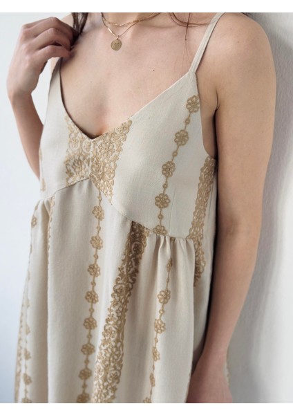 Tasarım June Askılı Nakışlı Mini Elbise (Astar Hediyeli) Kadın Krem fiyatları