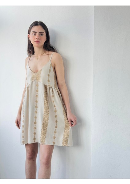 Tasarım June Askılı Nakışlı Mini Elbise (Astar Hediyeli) Kadın Krem indirimleri