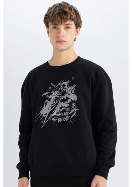 Batman Boxy Fit Bisiklet Yaka Baskılı Kalın Sweatshirt C6531AX24AU