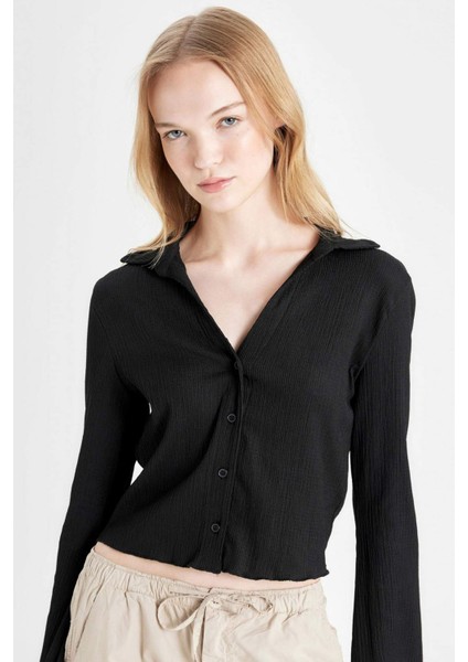 Coool Fitted Basic Düz Düğmeli Uzun Kollu Crop Siyah Gömlek A0012AX24AU