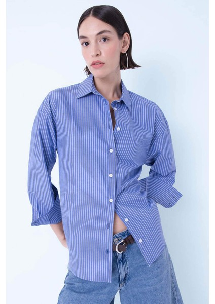 Oversize Geniş Kalıp Çizgili Poplin Uzun Kollu Gömlek D4899AX24AU