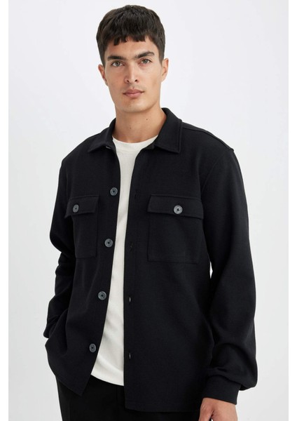 Siyah Polo Yaka Twill Uzun Kollu Gömlek Ceket D3381AX24AU