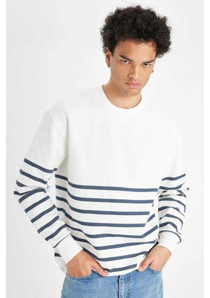 Comfort Regular Fit Rahat Kalıp Bisiklet Yaka Çizgili Kalın Sweatshirt D2397AX24AU