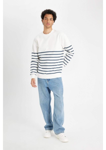 Comfort Regular Fit Rahat Kalıp Bisiklet Yaka Çizgili Kalın Sweatshirt D2397AX24AU fiyatları