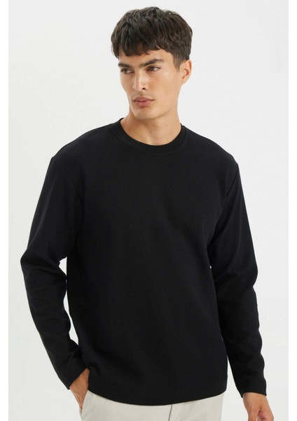 %100 Pamuk Regular Fit Bisiklet Yaka Waffle Basic Düz Uzun Kollu Tişört D2801AX24AU