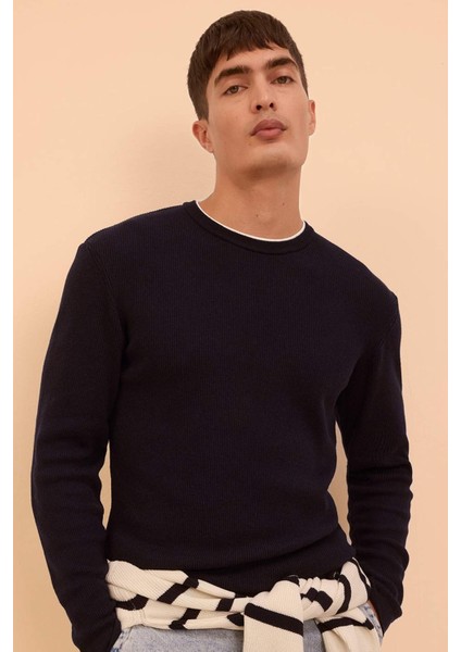 Relax Fit Bisiklet Yaka Yaka İçi Penye Detaylı Pamuklu Triko Kazak D3290AX24AU