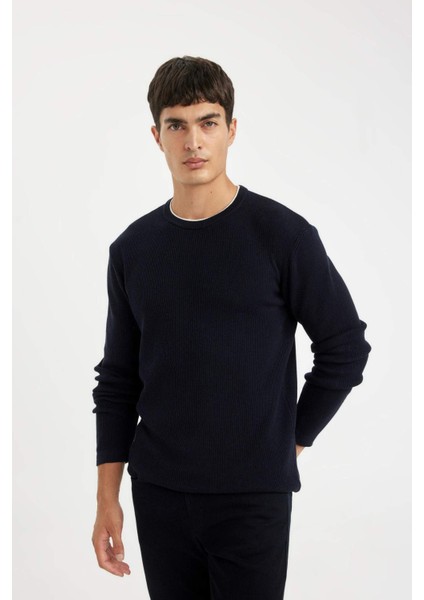 Relax Fit Bisiklet Yaka Yaka İçi Penye Detaylı Pamuklu Triko Kazak D3290AX24AU indirimleri