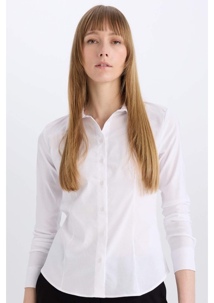 Regular Fit Bengalin Dokuma Uzun Kollu Basic Düz Beyaz Gömlek I5278AZ24AU