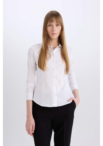 Regular Fit Bengalin Dokuma Uzun Kollu Basic Düz Beyaz Gömlek I5278AZ24AU