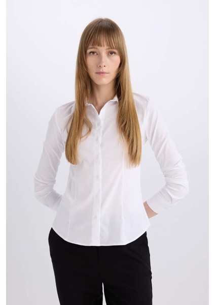 Regular Fit Bengalin Dokuma Uzun Kollu Basic Düz Beyaz Gömlek I5278AZ24AU