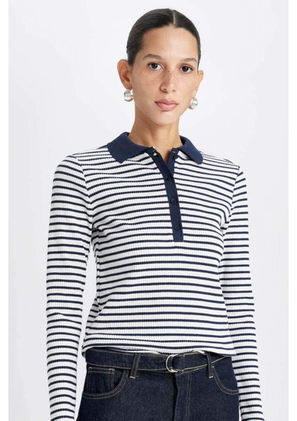Slim Fit Dar Kesim Polo Yaka Düğmeli Çizgili Fitilli Kaşkorse Uzun Kollu Tişört D5140AX24AU