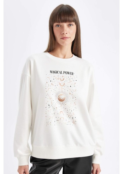 Relax Fit Bisiklet Yaka Baskılı İnce Sweatshirt D5290AX24AU