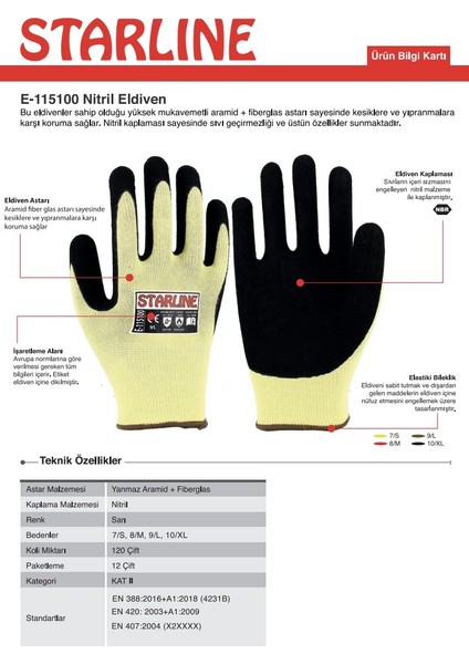 5 Çift Nitril Kaplamalı Aramid Eldiven E-115100 4231B X2XXXX (P) Beden 10 modelleri