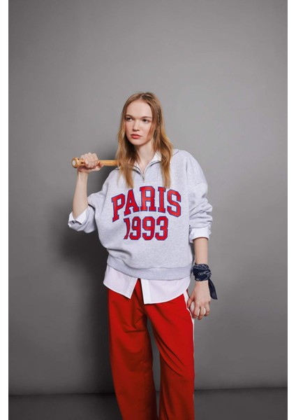 Coool Oversize Geniş Kalıp Yarım Fermuarlı Baskılı Kalın Sweatshirt D4762AX24AU