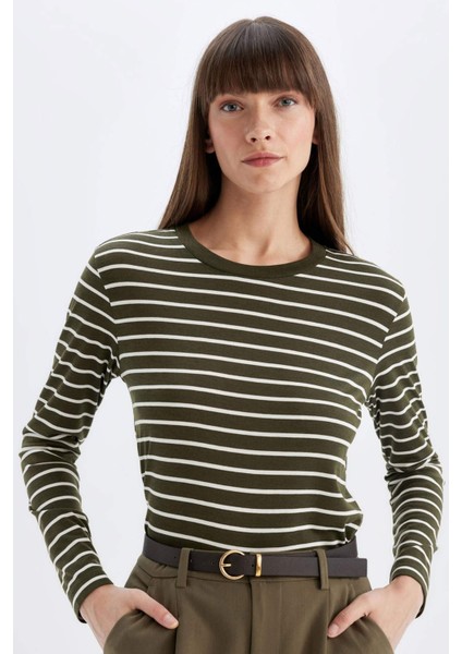 Regular Fit Bisiklet Yaka Çizgili Casual Uzun Kollu Tişört A9254AX24AU