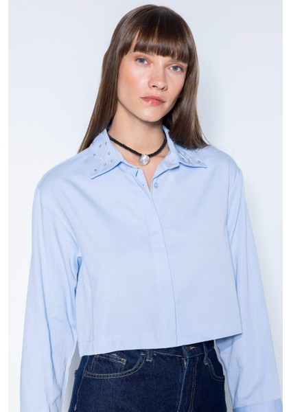 Crop Basic Düz Düğmeli Dokuma Uzun Kollu Gömlek D4617AX24AU