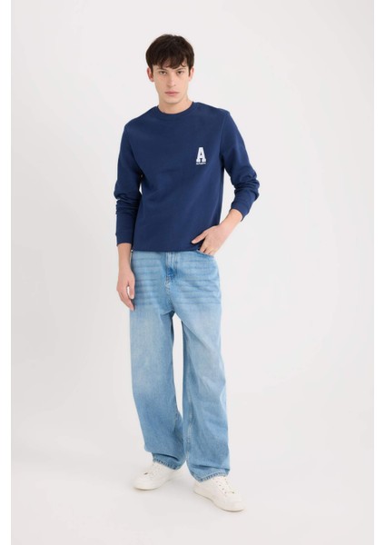 New Regular Fit Bisiklet Yaka Baskılı Kalın Sweatshirt D3670AX24AU fiyatları