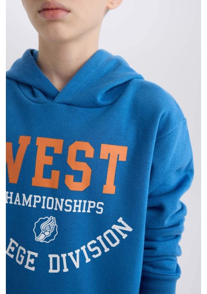 Erkek Çocuk 2'li Takım Kalın Kapüşonlu Baskılı Sweatshirt Beli Lastikli Eşofman Altı D5672A824WN