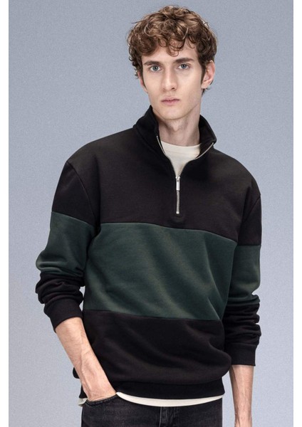 Comfort Regular Fit Rahat Kalıp Dik Yaka Fermuarlı Çizgili Kalın Sweatshirt D2401AX24AU