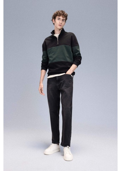 Comfort Regular Fit Rahat Kalıp Dik Yaka Fermuarlı Çizgili Kalın Sweatshirt D2401AX24AU