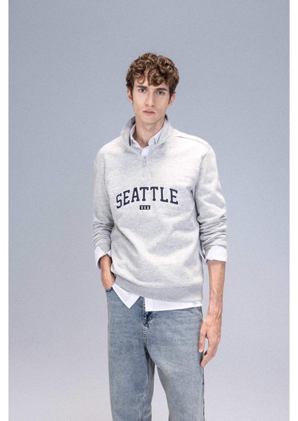 Relax Fit Fermuarlı Dik Yaka Baskılı Kalın Sweatshirt D2168AX24AU