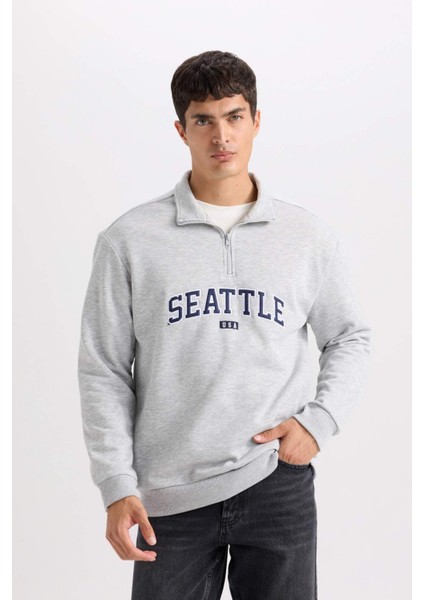 Relax Fit Fermuarlı Dik Yaka Baskılı Kalın Sweatshirt D2168AX24AU