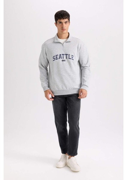 Relax Fit Fermuarlı Dik Yaka Baskılı Kalın Sweatshirt D2168AX24AU