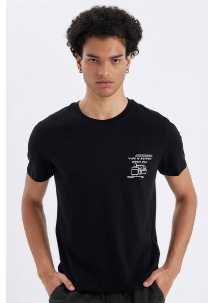 %100 Pamuk Siyah Slim Fit Dar Kesim Bisiklet Yaka Baskılı Kısa Kollu Tişört C2132AX24AU