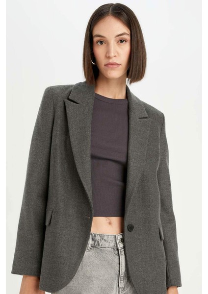 Oversize Geniş Kalıp Ceket Yaka Düğmeli Basic Düz Blazer Ceket D5869AX24AU