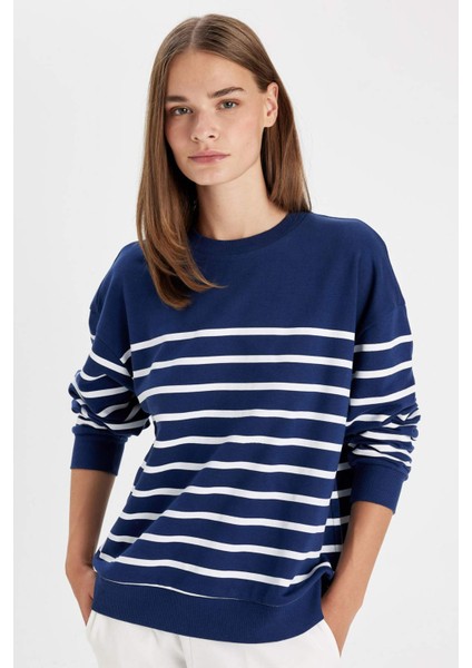 Relax Fit Bisiklet Yaka Çizgili İnce Sweatshirt A9255AX24WN