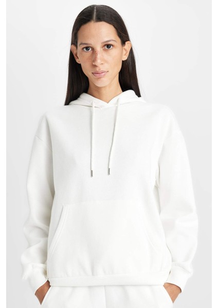 Relax Fit Kapüşonlu Kanguru Cepli Kalın Basic Düz Sweatshirt W1240AZ24WN