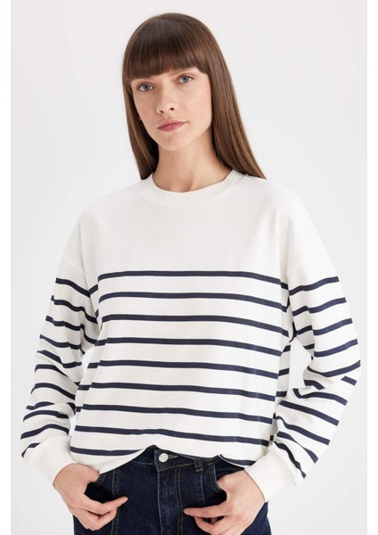 Relax Fit Bisiklet Yaka Çizgili İnce Sweatshirt A9255AX24WN