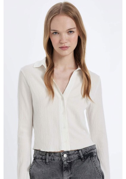 Coool Fitted Basic Düz Düğmeli Uzun Kollu Crop Beyaz Gömlek A0012AX24AU