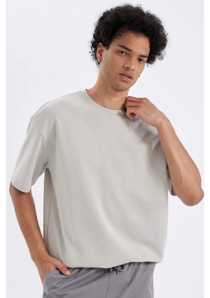 Oversize Geniş Kalıp Bisiklet Yaka Kısa Kollu Basic Düz Ağır Kumaş Tişört X3926AZ24AU