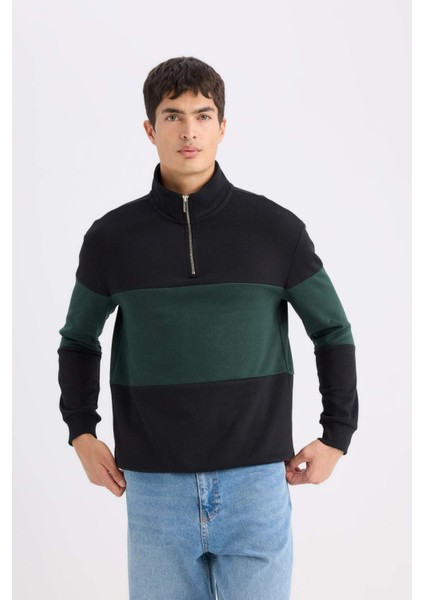 Comfort Regular Fit Rahat Kalıp Dik Yaka Fermuarlı Çizgili Kalın Sweatshirt D2401AX24AU