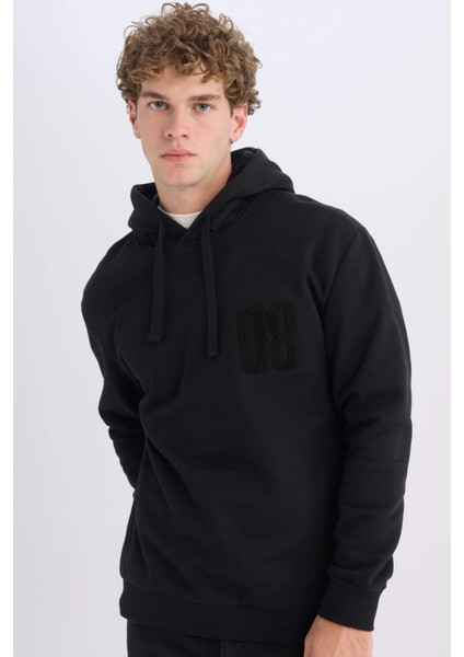 Siyah Relax Fit Kapüşonlu Baskılı Kalın Sweatshirt D2682AX24AU