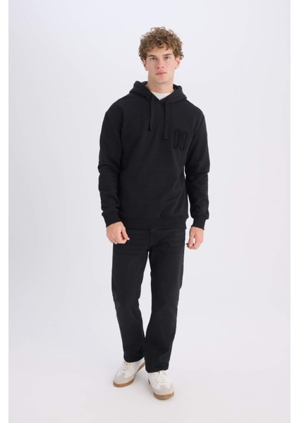 Siyah Relax Fit Kapüşonlu Baskılı Kalın Sweatshirt D2682AX24AU