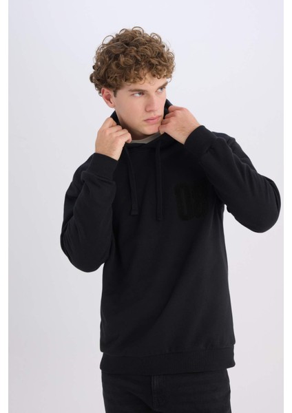 Siyah Relax Fit Kapüşonlu Baskılı Kalın Sweatshirt D2682AX24AU