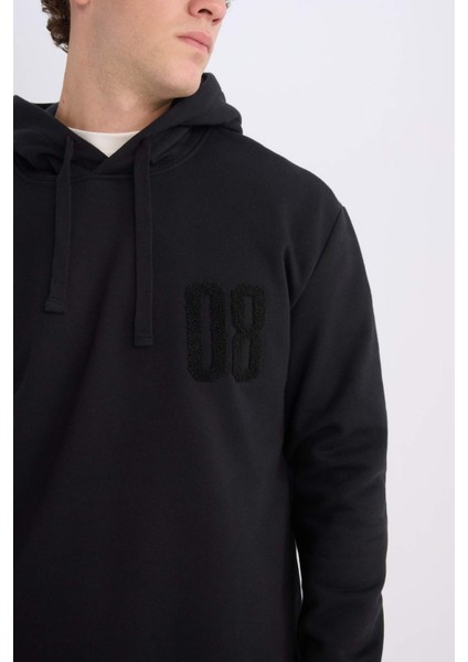 Siyah Relax Fit Kapüşonlu Baskılı Kalın Sweatshirt D2682AX24AU