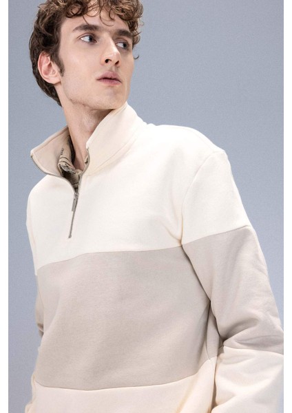 Comfort Regular Fit Rahat Kalıp Dik Yaka Fermuarlı Çizgili Kalın Sweatshirt D2401AX24AU