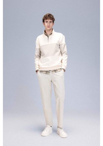 Comfort Regular Fit Rahat Kalıp Dik Yaka Fermuarlı Çizgili Kalın Sweatshirt D2401AX24AU