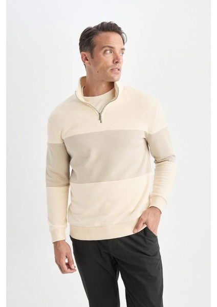 Comfort Regular Fit Rahat Kalıp Dik Yaka Fermuarlı Çizgili Kalın Sweatshirt D2401AX24AU