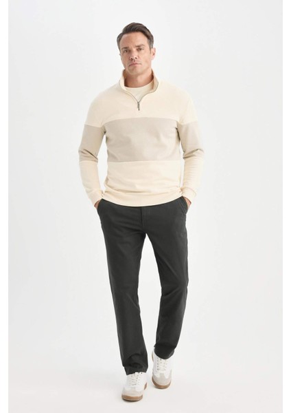 Comfort Regular Fit Rahat Kalıp Dik Yaka Fermuarlı Çizgili Kalın Sweatshirt D2401AX24AU