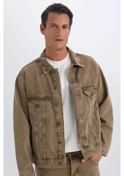 %100 Pamuk Oversize Geniş Kalıp Polo Yaka Düğmeli Cepli Yıkamalı Jean Ceket D5049AX24AU