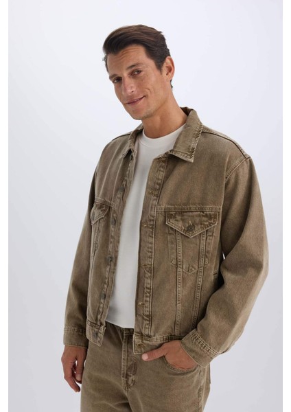 %100 Pamuk Oversize Geniş Kalıp Polo Yaka Düğmeli Cepli Yıkamalı Jean Ceket D5049AX24AU