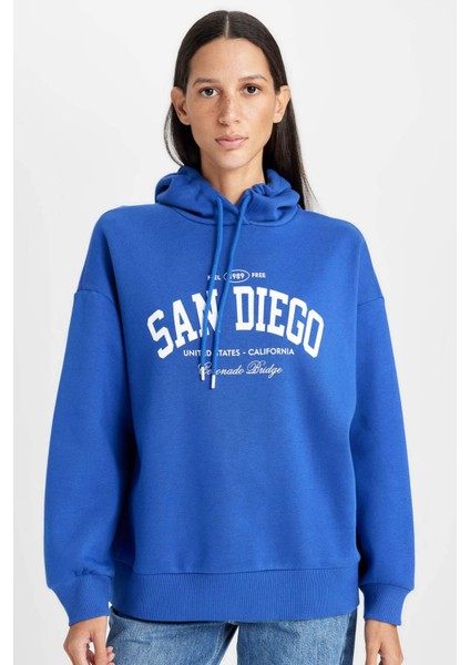 Oversize Geniş Kalıp Kapüşonlu Baskılı Kalın Sweatshirt D5291AX24AU